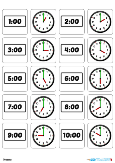 SEN Teacher ⋆ Clocks - Card Pairs ⋆ Printable Worksheet